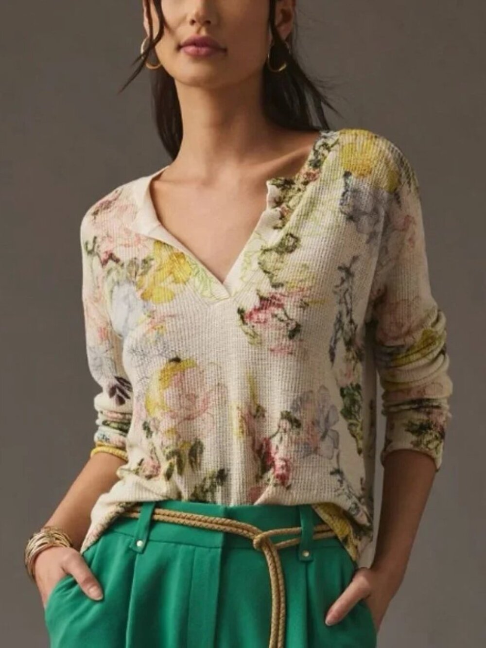 Anthropologie Watercolor Floral V-Neck Lightweight Knit Sweater. Size S.